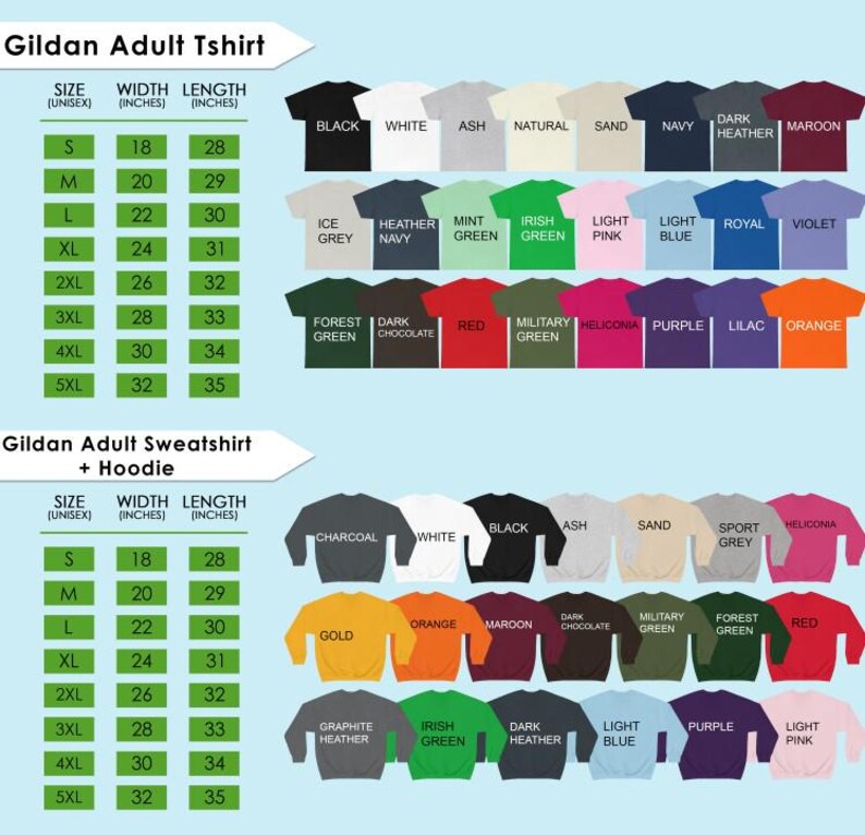 a collection of adult t-shirts in various colors and sizes, including a Gildan Adult T-shirt and a Gildan Adult Sweatshirt. The image provides size and color options for these items, allowing customers to choose from a wide range of styles and colors.