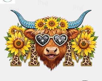 Mama Highland Cow PNG - Zonnebloemluipaard Mama Strass-sublimatieontwerp