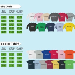 a collection of baby and toddler clothing items, including t-shirts and sweatshirts, with sizes and corresponding colors. The image is a collage of various clothing items, and it does not contain any text that can be described in detail.