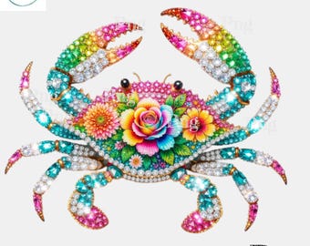 Rainbow Jeweled Crab PNG - sprankelende bloemen krab diamant strass sublimatieontwerp