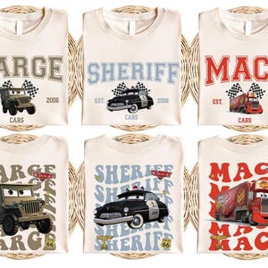 six t-shirts with different designs featuring cartoon cars and text related to the characters.