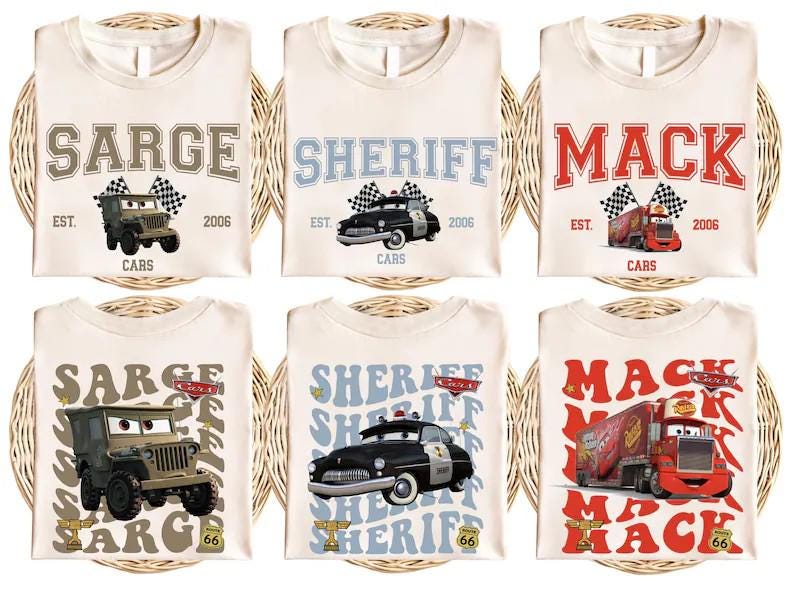 six t-shirts with different designs featuring cartoon cars and text related to the characters.