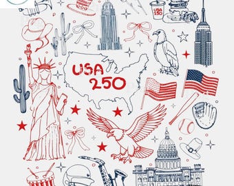 EE. UU. 250 PNG - Diseño de garabato patriótico del 250 aniversario de Estados Unidos con iconos / Imágenes prediseñadas para sublimación