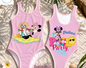 Disney Minnie Mouse Swimsuit Personalized Name, Minnie Daisy Duck Pool Party Custom Girls Swimwear Bathing Suit Kid Adult