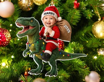 Dinosaur Ornament, Kid Christmas Ornaments, Grandson Ornament, Dinosaur Christmas Ornament, Grandson First Christmas Gifts, Santa Ornament