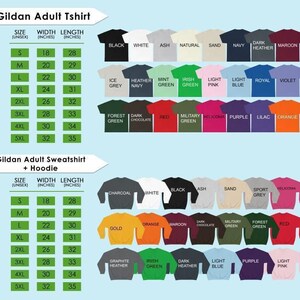 a collection of adult t-shirts in various colors and sizes, including a Gildan Adult T-shirt and a Gildan Adult Sweatshirt. The image provides size and color options for these items, allowing customers to choose from a wide range of styles and colors.