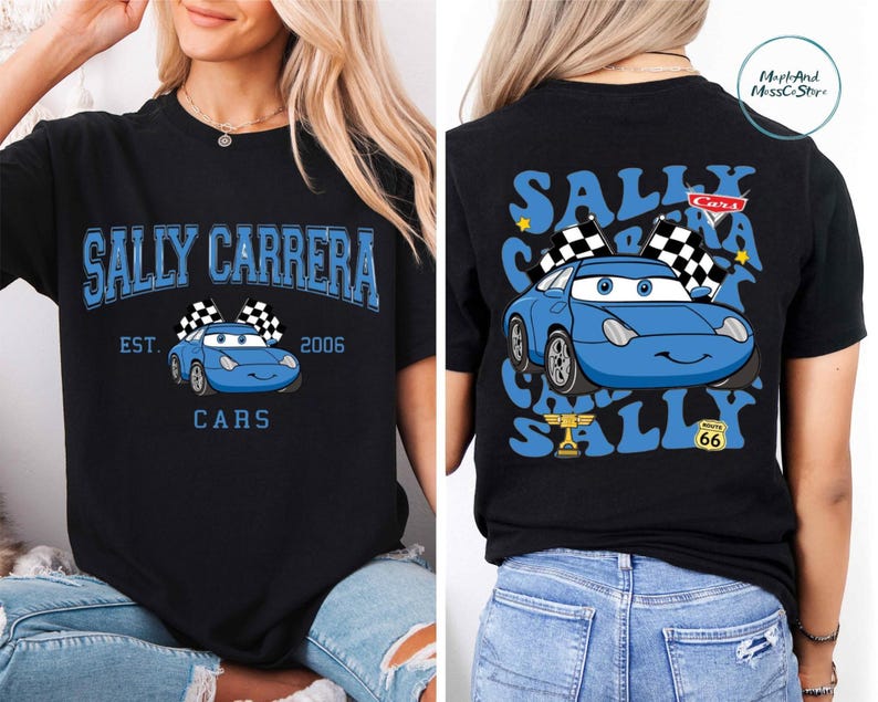 The image is a collage of two photos. In the first photo, a woman is wearing a black t-shirt with a graphic of a blue car and the text "Sally Carrera" and "Cars" printed on it. In the second photo, the woman is wearing a black t-shirt with a graphic of a blue car and the text "Sally Carrera" and "Cars" printed on it, along with a checkered flag and a trophy.