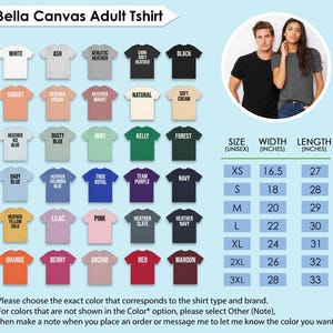 The image is a collage of various adult t-shirt designs, each with different colors and styles, along with their corresponding sizes and widths. The image also includes a photo of two people posing together, likely representing the shirt designs.