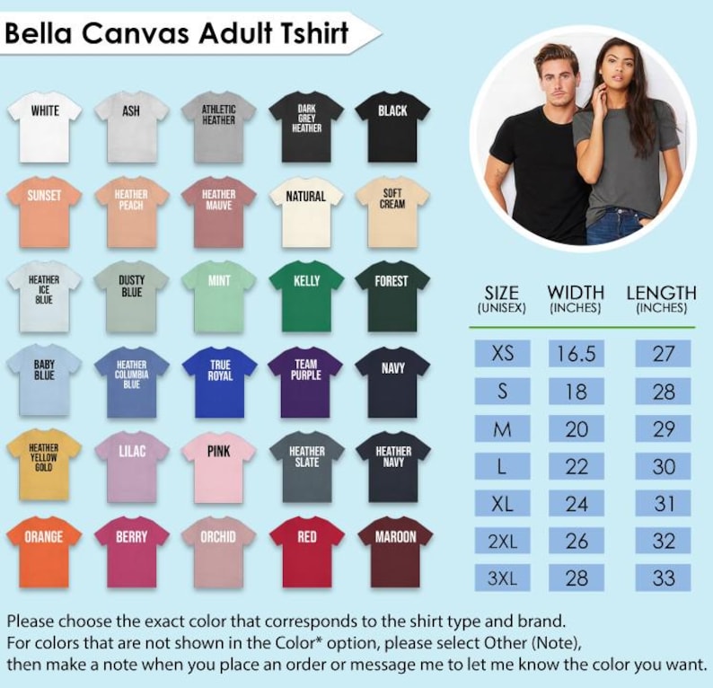 The image is a collage of various adult t-shirt designs, each with different colors and styles, along with their corresponding sizes and widths. The image also includes a photo of two people posing together, likely representing the shirt designs.