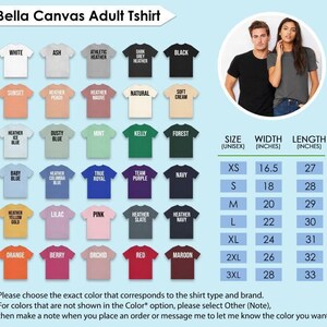 The image is a collage of various adult t-shirt designs, each with different colors and styles, along with their corresponding sizes and widths. The image also includes a photo of two people posing together, likely representing the shirt designs.