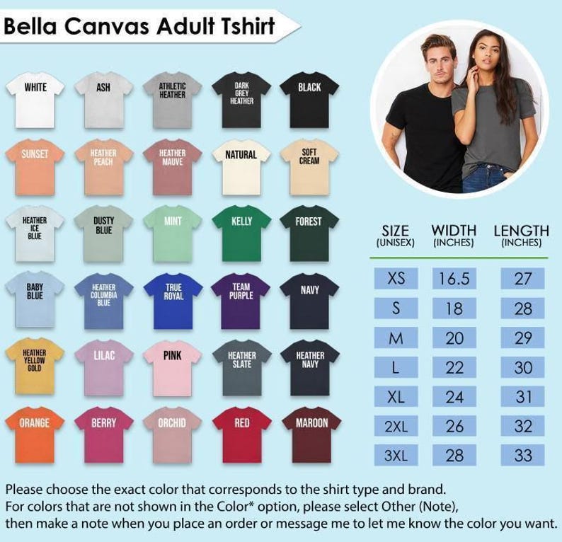 The image is a collage of various adult t-shirt designs, each with different colors and styles, along with their corresponding sizes and widths. The image also includes a photo of two people posing together, likely representing the shirt designs.