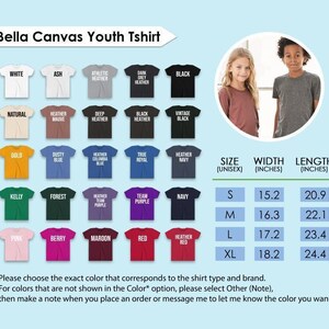 The image is a collage of various t-shirt designs, including different colors and styles, along with a photo of two young people wearing the t-shirts. The image also includes size and color information for the t-shirts, as well as instructions for choosing the correct color that corresponds to the shirt type and brand.