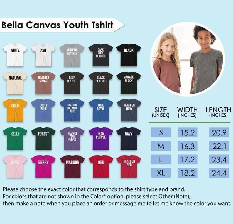 The image is a collage of various t-shirt designs, including different colors and styles, along with a photo of two young people wearing the t-shirts. The image also includes size and color information for the t-shirts, as well as instructions for choosing the correct color that corresponds to the shirt type and brand.