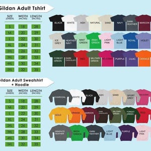 a collection of adult t-shirts in various colors and sizes, including a Gildan Adult T-shirt and a Gildan Adult Sweatshirt. The image provides size and color options for these items, allowing customers to choose from a wide range of styles and colors.