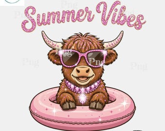 Summer Vibes Highland Cow PNG - roze glitter koe floatie strass sublimatieontwerp