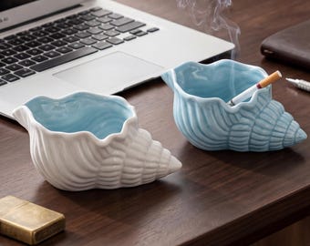 Ceramic Conch Ashtray, Coastal Home Decor, Cute Seashell Ash Tray, Nautical Desk Organizer, Gift for Father/Husband, Ceramic Ashtray
