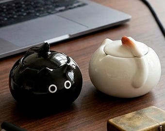 Cenicero con forma de gato con tapa, cenicero de cerámica resistente al viento, regalo para padre/marido, caja de almacenamiento única, regalo para amantes de los gatos, decoración minimalista para el hogar.