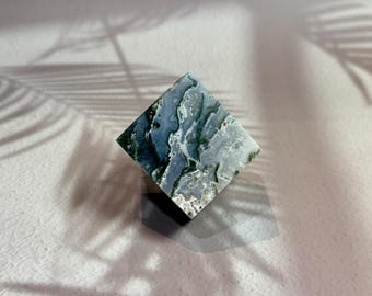 Moss Agate Druzy Cube, Madagascar Natural Crystal for Tabletop & Desk Decor
