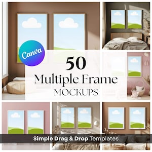 Può includere: Una collezione di mockup di arte incorniciata con un design di cielo blu e nuvole. L'immagine include il testo "50 Multiple Frame Mockups" e "Simple Drag & Drop Templates". È visibile anche il logo Canva.