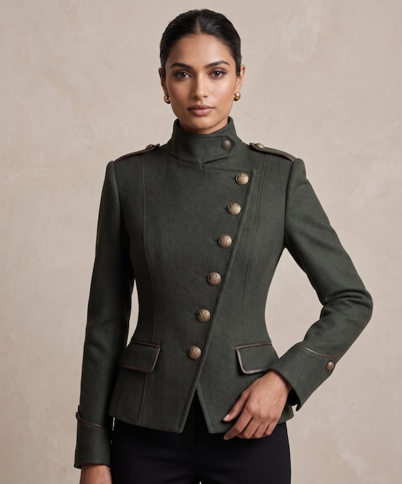 Women's Wool Military Style Waisted Jacket, Quiet Luxury Tailored Blazer