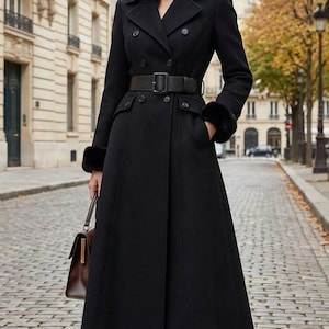 May include: A long, black coat with a double-breasted design and a wide belt. The coat features a flared skirt, black fur cuffs, and a classic collar. A brown leather handbag is carried in the left hand. The coat is worn on a cobblestone street.