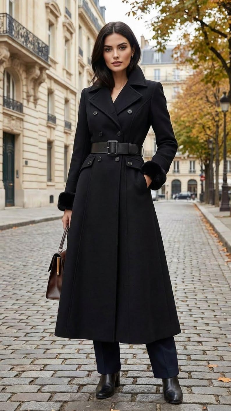 May include: A long, black coat with a double-breasted design and a wide belt. The coat features a flared skirt, black fur cuffs, and a classic collar. A brown leather handbag is carried in the left hand. The coat is worn on a cobblestone street.