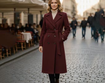 Dames wollen trenchcoat, dubbelknoopsluiting, lange overjas met ceintuur, klassieke winterstijl, handgemaakt, maat XS-5X