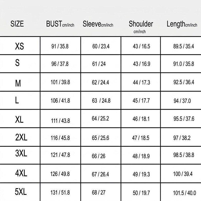 May include: A size chart for clothing, displaying measurements in both centimeters and inches. The chart includes sizes from XS to 5XL, with bust, sleeve, shoulder, and length measurements. The measurements are clearly labeled for each size.