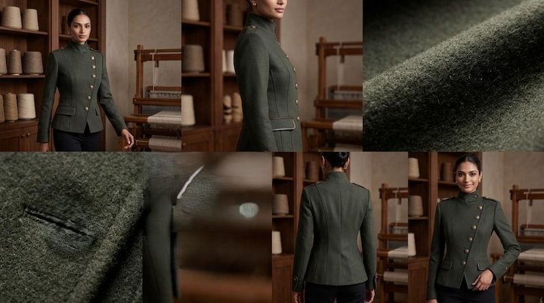 K&ouml;nnte beinhalten: Dunkelgr&uuml;ne Jacke im Milit&auml;rstil mit Stehkragen und goldenen Kn&ouml;pfen. Die Jacke hat eine taillierte Passform, eine Tasche auf der Vorderseite und einen strukturierten Stoff. Das Design ist klassisch und elegant.