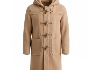 Herren-Dufflecoat aus Wolle | Winterjacke mit Kapuze und Knebelverschluss, Kamelgrau, Schwarz, Braun