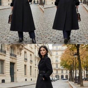 May include: A long, black coat with a belted waist and fur cuffs. The coat is worn with dark pants and black boots. A brown handbag is carried. The coat has a classic, tailored design, suitable for cold weather.