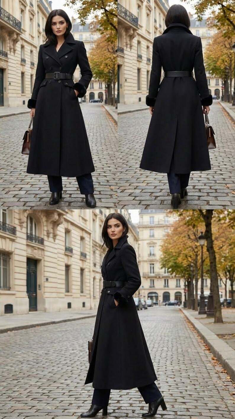 May include: A long, black coat with a belted waist and fur cuffs. The coat is worn with dark pants and black boots. A brown handbag is carried. The coat has a classic, tailored design, suitable for cold weather.