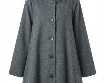Gray Wool Swing Coat, Hooded Winter Overcoat, Women's Plus Size Available