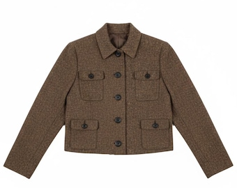 Women’s Brown Tweed Jacket | Cropped Wool Button Jacket with Pockets | Classic Fall Winter Coat
