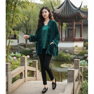 May include: A dark green velvet jacket with a mandarin collar and toggle closures, worn over a matching green sleeveless top and slim-fit black trousers. The outfit is completed with black slip-on shoes featuring colorful floral embroidery.