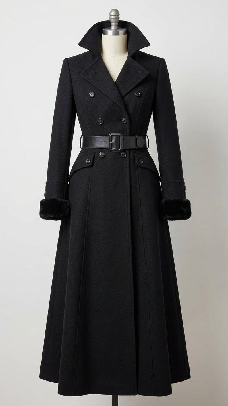 May include: A long, black wool coat with a double-breasted design, featuring a wide collar, a belted waist, and faux fur cuffs. The coat has a classic, tailored silhouette, with a flared skirt and button details.