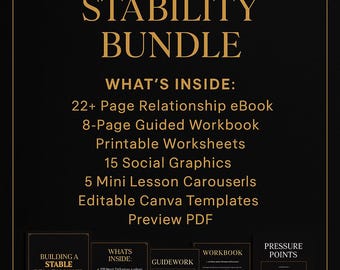 May include: A digital product bundle titled "HEARTSY RELATIONSHIP STABILITY BUNDLE" in gold text on a black background. The bundle includes an eBook, workbook, worksheets, social graphics, mini lessons, and Canva templates. The image also shows sample pages.