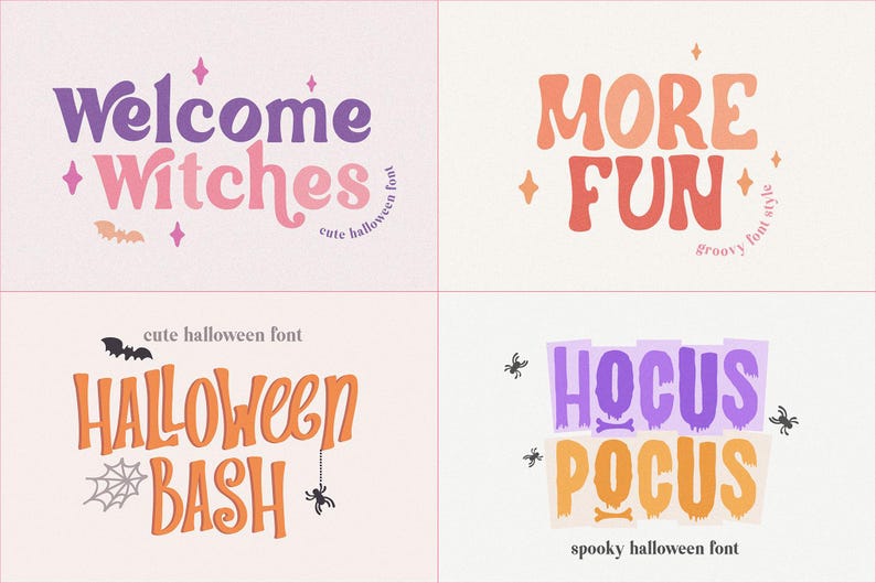 May include: A collage of four Halloween-themed text designs. The phrases include "Welcome Witches", "More Fun", "Halloween Bash", and "Hocus Pocus". Each design uses a unique font and color scheme, with decorative elements like bats, spiders, and stars.
