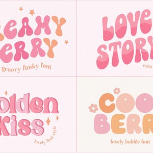 May include: Four designs featuring bubble letters in shades of pink and orange. The designs include the phrases "Creamy Berry", "Love Story", "Golden Kiss", and "Cool Berry", with additional text describing the font styles.