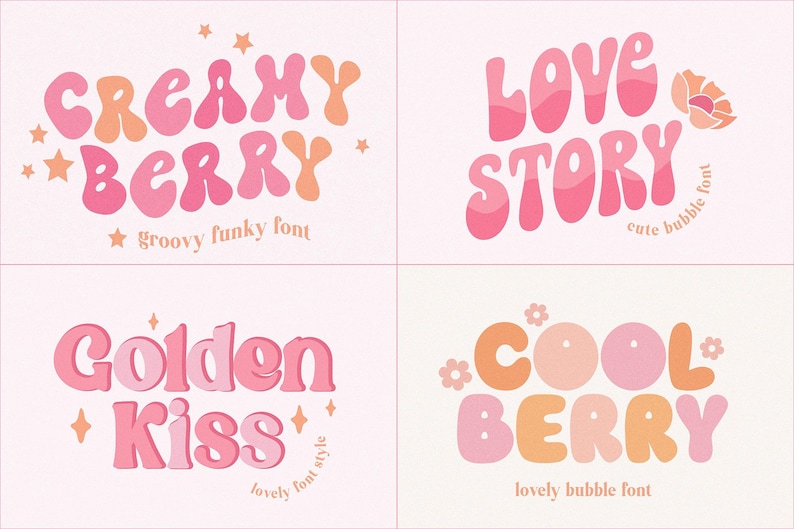 May include: Four designs featuring bubble letters in shades of pink and orange. The designs include the phrases "Creamy Berry", "Love Story", "Golden Kiss", and "Cool Berry", with additional text describing the font styles.