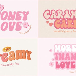 May include: Four retro-style font designs in pink and orange hues. The fonts include "HONEY LOVE", "CARAMEL CAKE", "Dreamy", and "MORE THAN LOVE". Each design features unique floral accents and text descriptions like "retro font style" and "retro funky font".