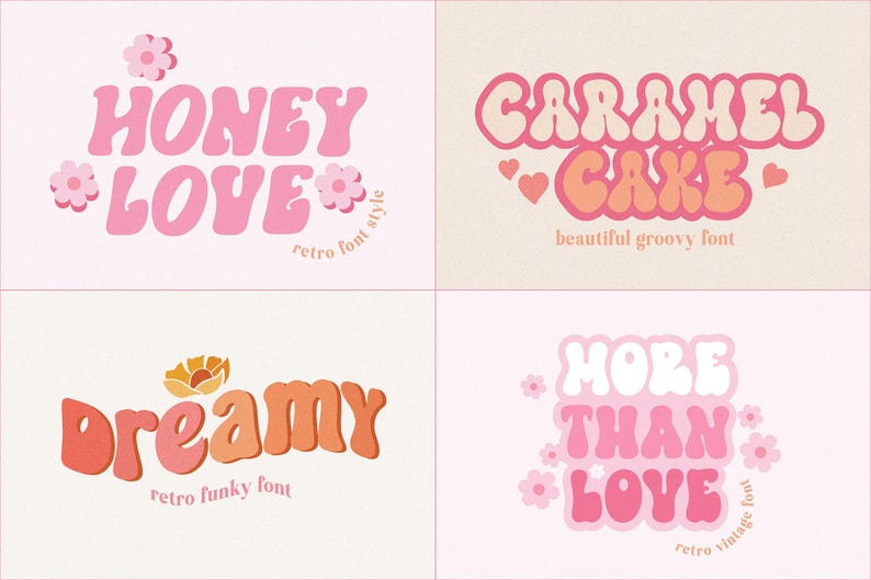 May include: Four retro-style font designs in pink and orange hues. The fonts include "HONEY LOVE", "CARAMEL CAKE", "Dreamy", and "MORE THAN LOVE". Each design features unique floral accents and text descriptions like "retro font style" and "retro funky font".