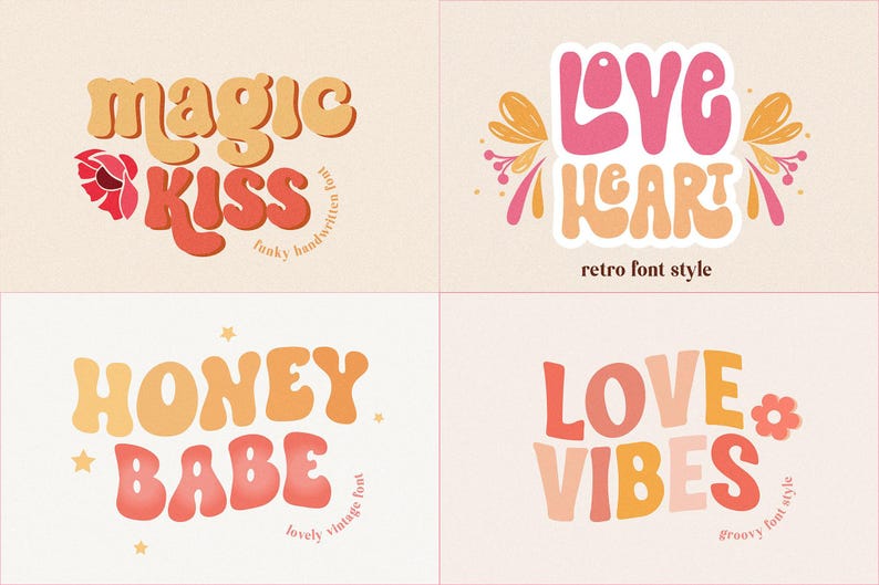 May include: Four retro-style designs with text in orange and pink hues. The phrases include "Magic Kiss", "Love Heart", "Honey Babe", and "Love Vibes". Each design has a unique font and decorative elements.