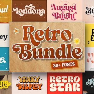 May include: A collection of retro fonts is displayed, with the words "Retro Bundle" in a large, brown, outlined font. The image showcases various font styles, including "Bigsoul," "Londona," and "August Bright," with the text "30+ FONTS."