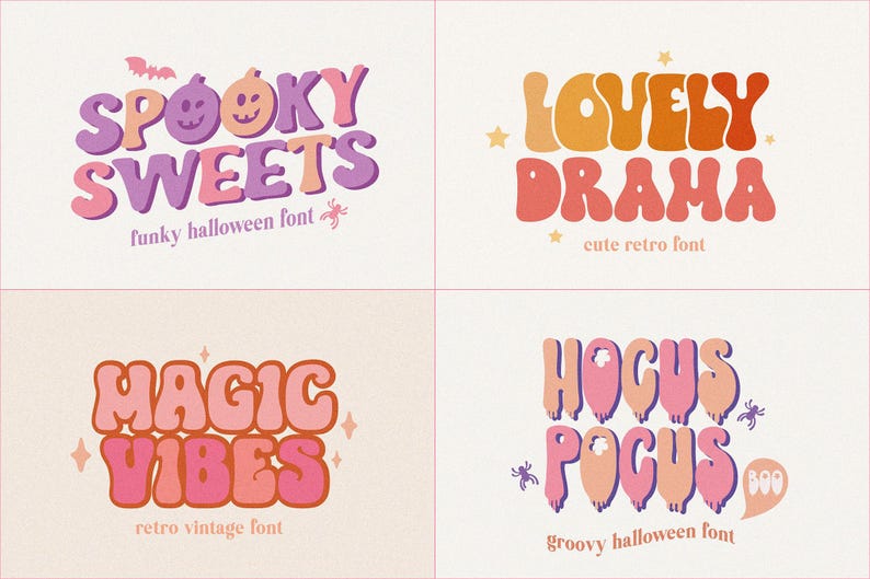 May include: Four colorful text designs with a retro font style. The phrases include "Spooky Sweets", "Lovely Drama", "Magic Vibes", and "Hocus Pocus". Each design has a unique color scheme and is labeled as a Halloween or vintage font.