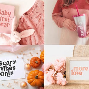 May include: A pink baby first year journal, a pink pacifier, a pink bunny, and a pink top. A clear tumbler with the name "amelia" in pink. A white card with "Scary Vibes Only" in black. A framed print with "more love" in pink, pumpkins, and flowers.