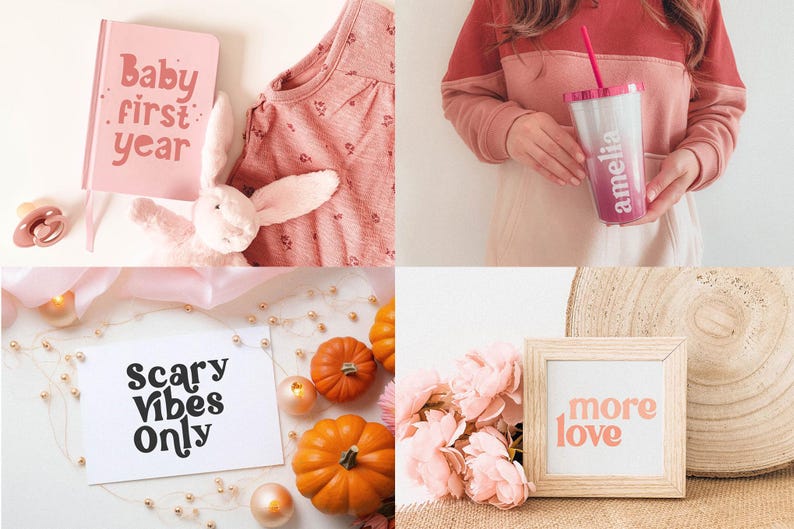 May include: A pink baby first year journal, a pink pacifier, a pink bunny, and a pink top. A clear tumbler with the name "amelia" in pink. A white card with "Scary Vibes Only" in black. A framed print with "more love" in pink, pumpkins, and flowers.