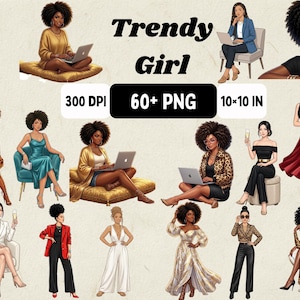 Luxury Fashionable Black Girl PNG, 60+ African American Woman Art, Afro Boss Babe Clipart, Queen Mode Self-made graphics, Digital Sticker