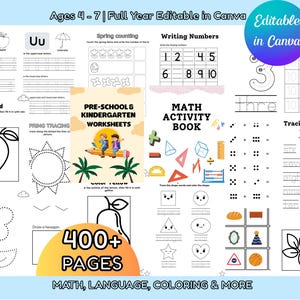 以下が含まれることがあります： 「Ages 4-7 | Full Year Editable in Canva」のテキストが入った、未就学児および幼稚園児向けのワークシートのコレクション。ワークシートには、文字のトレース、カウント、数字の書き取り、算数のアクティビティが含まれています。画像には「400+ PAGES MATH, LANGUAGE, COLORING & MORE」のテキストも含まれています。