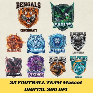 Paquete de 36 imágenes PNG de mascotas de equipos de fútbol, imágenes prediseñadas de emblemas de mascotas retro, diseño para el día del partido, sublimación de espíritu escolar, descarga de PNG para sublimación